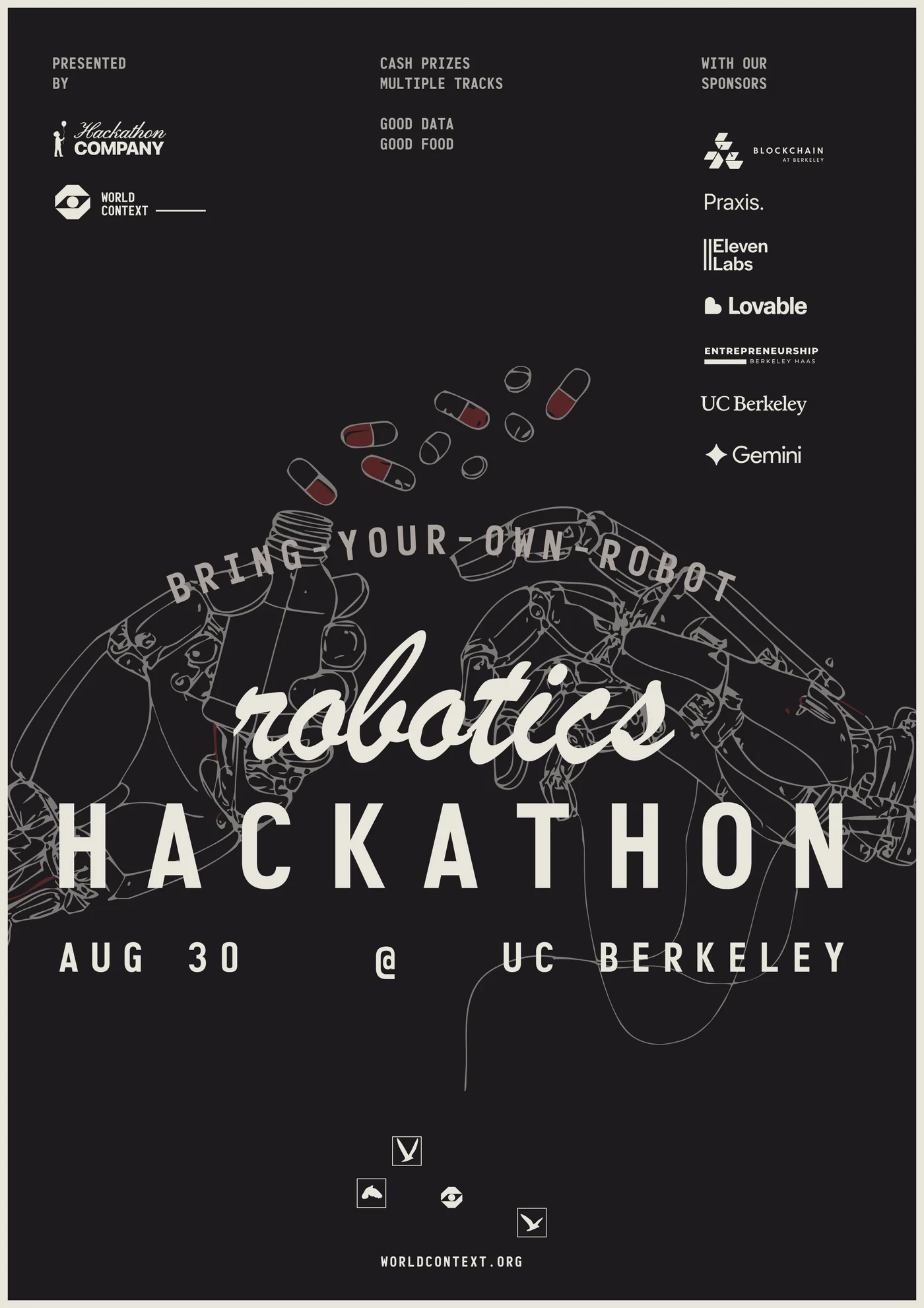Poster for the bring-your-own-robot robotics hackathon at UC Berkeley on August 30, presented by World Context and The Hackathon Company