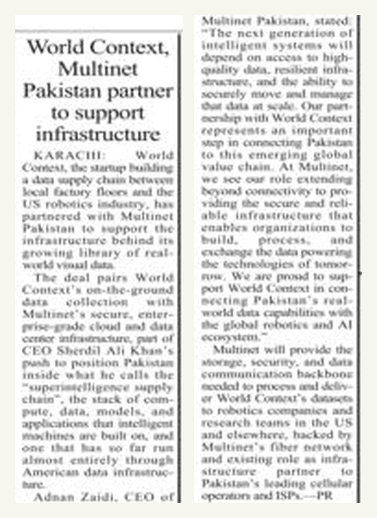 Business Recorder print clipping: World Context, Multinet Pakistan partner to support infrastructure